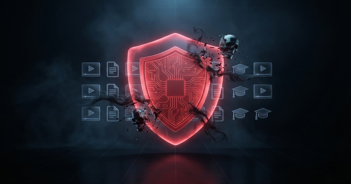 DMCA takedown protection for course creators — a digital shield blocking piracy threats targeting online course content