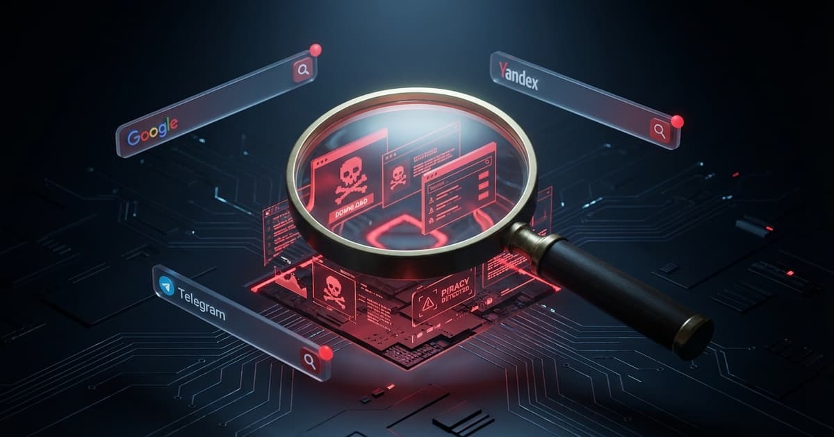 Piracy detection guide — magnifying glass revealing hidden piracy sites across Google, Yandex, and Telegram search for course creators