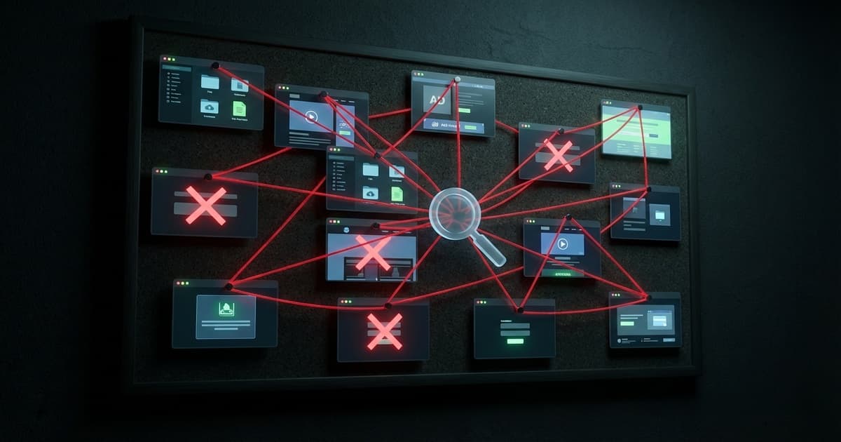 Udemy clone site piracy network — intelligence wall showing interconnected piracy sites, file hosts, and ad networks being investigated for DMCA takedowns